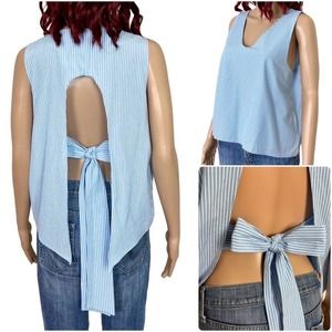 j.Marie Womens Striped Tie Back Top Large Blue White Loose Fit Open Back